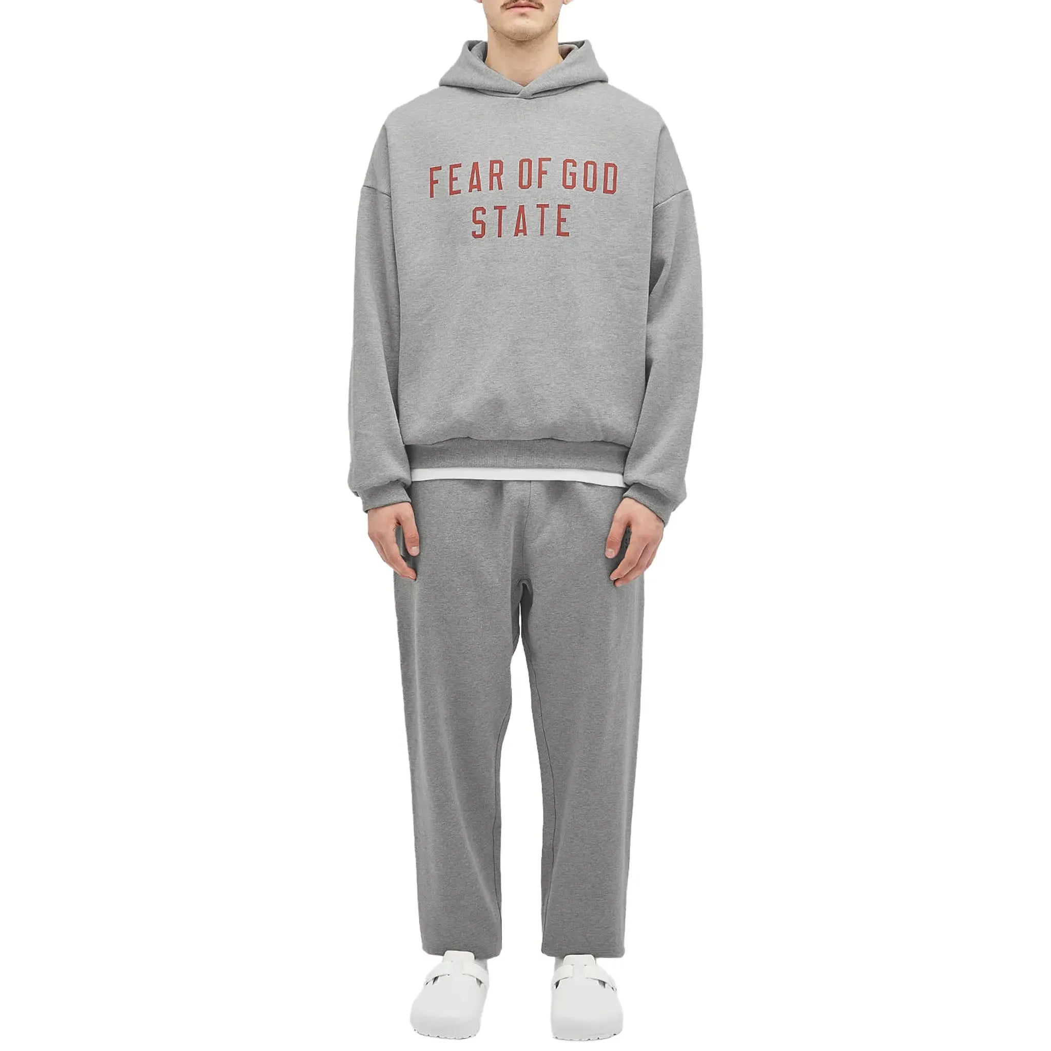 Model Back View of Fear Of God Essentials Dark Heather Grey State Hoodie 192BT246251F